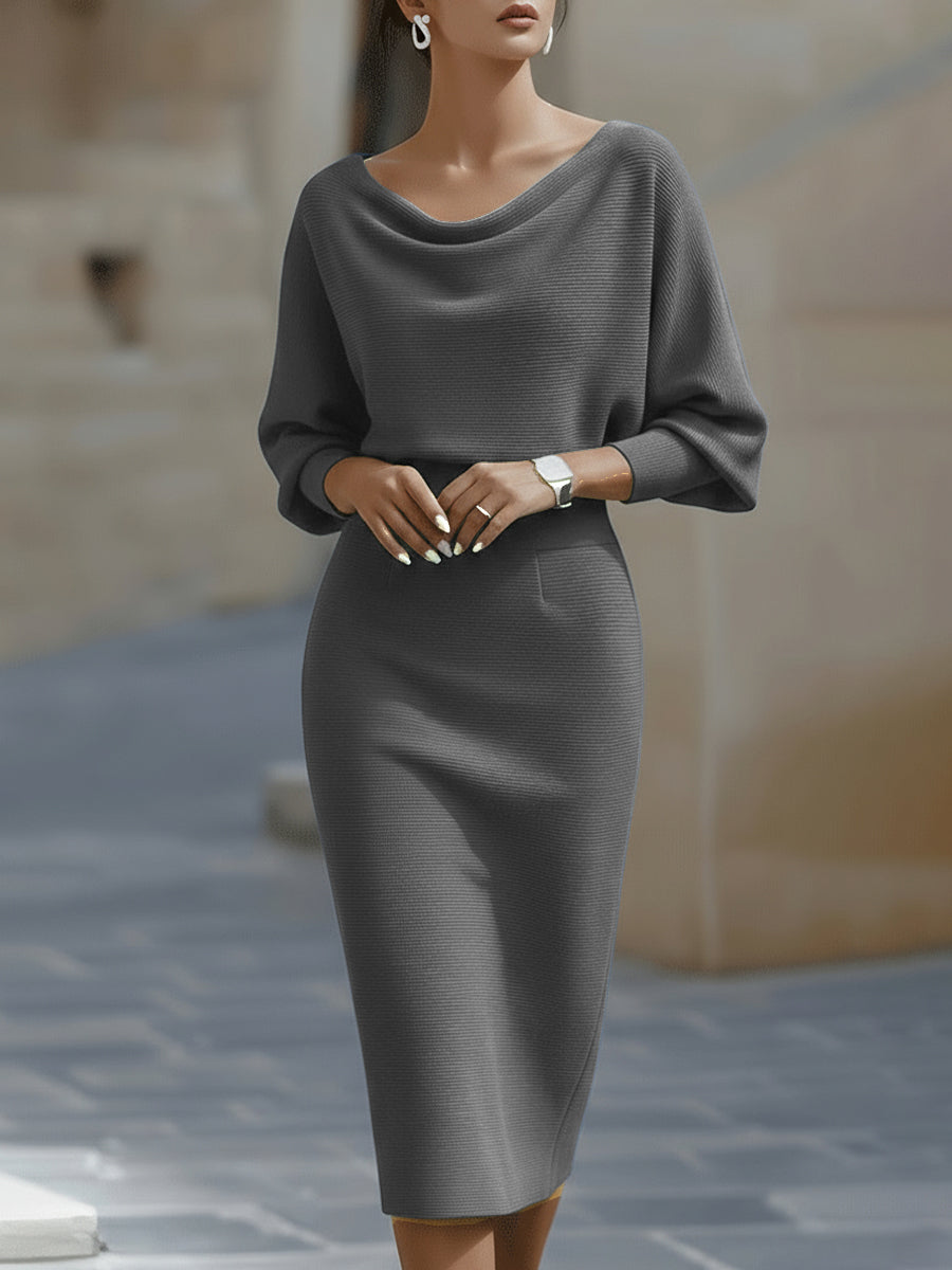 Elegant draped midi dress for women, fluid neckline, tailored silhouette, day-to-evening versatile style