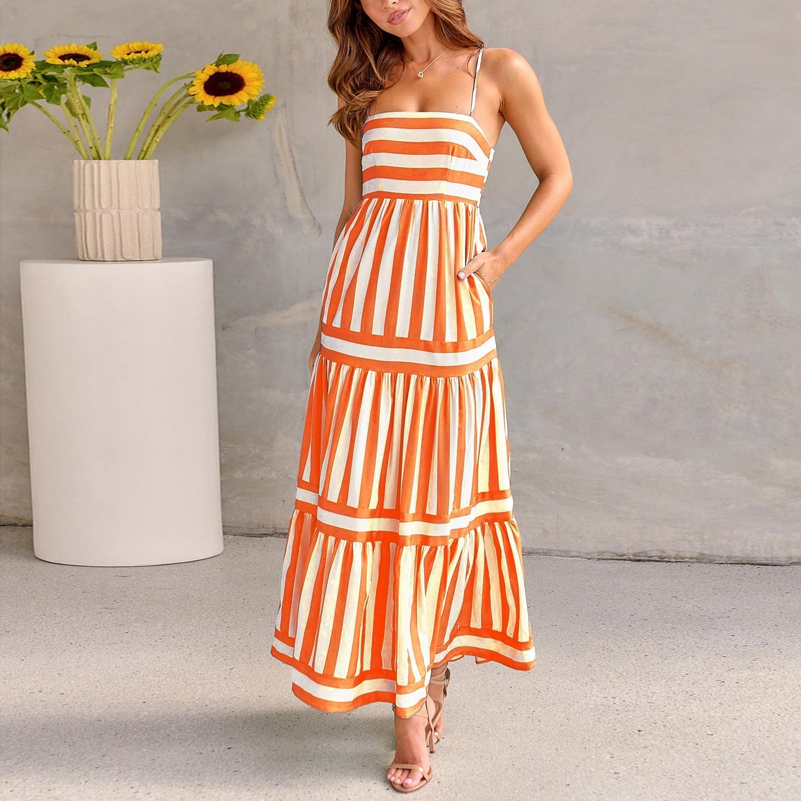 Striped flowy midi dress sleeveless square neck backless lightweight summer women beach