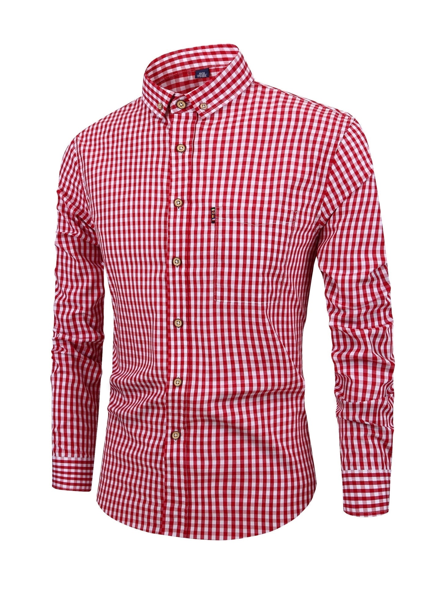 Men's slim fit gingham shirt with button collar and long sleeves, versatile boardroom style