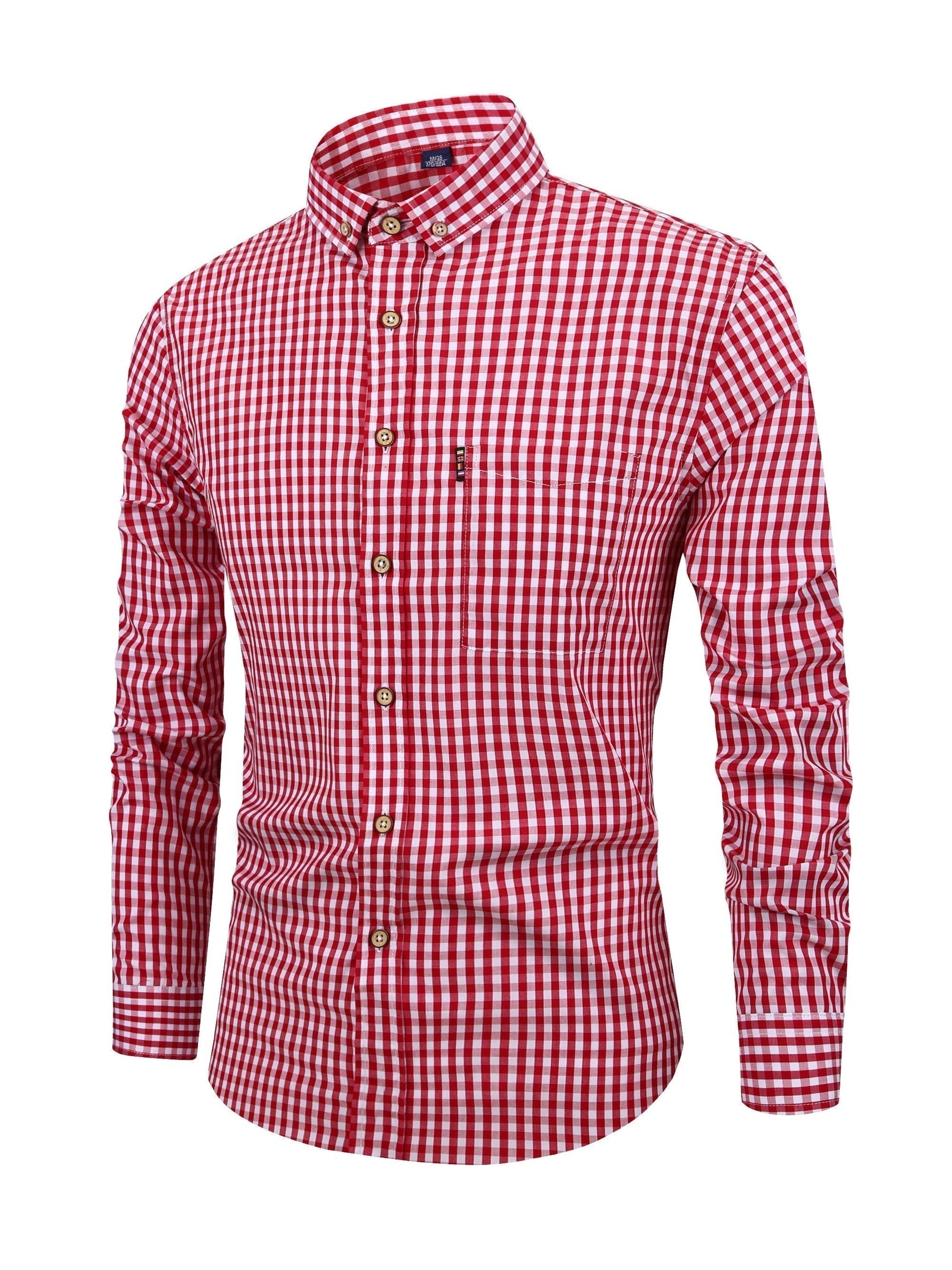Men's slim fit gingham shirt with button collar and long sleeves, versatile boardroom style