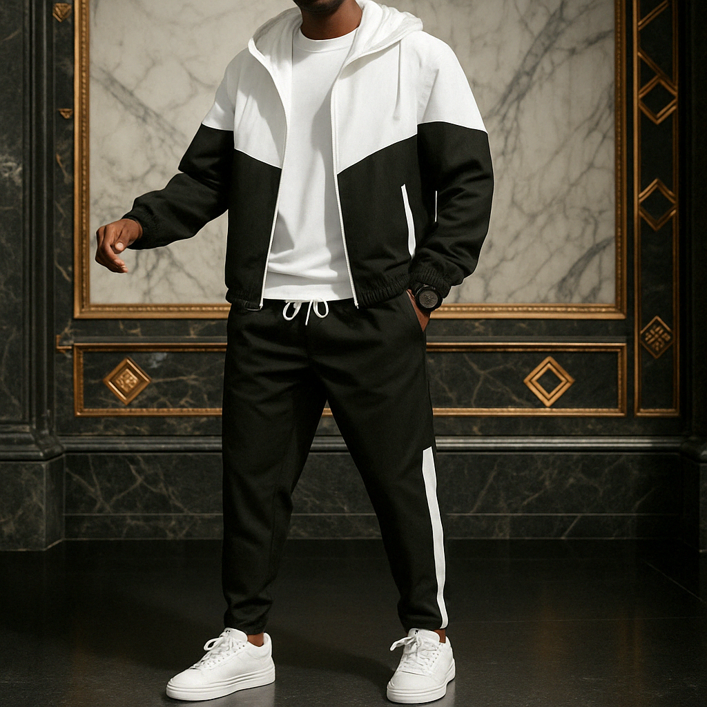Men's dual-tone color-block tracksuit bold high-contrast panels soft-stretch athletic fit streetwear