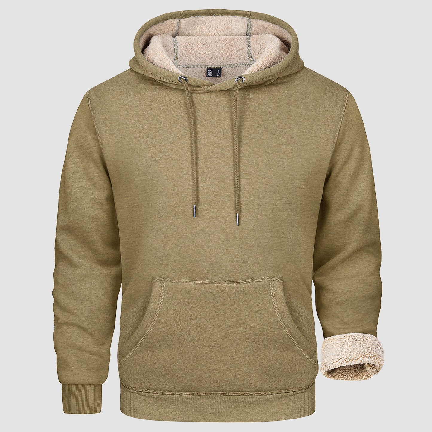 Men's sherpa-lined fleece hoodie sweatshirt with kangaroo pocket, durable double-needle stitching