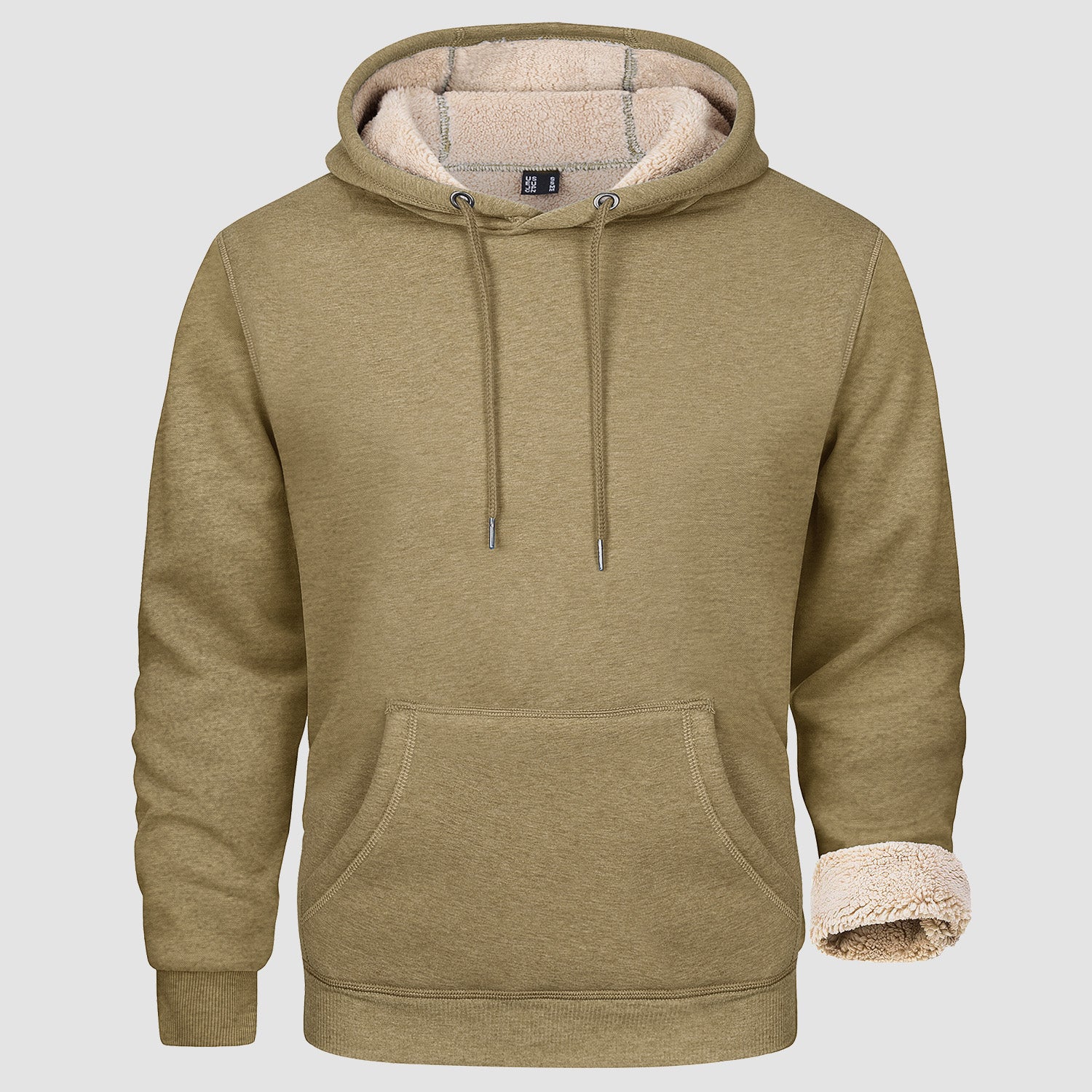 Men's sherpa-lined fleece hoodie sweatshirt with kangaroo pocket, durable double-needle stitching