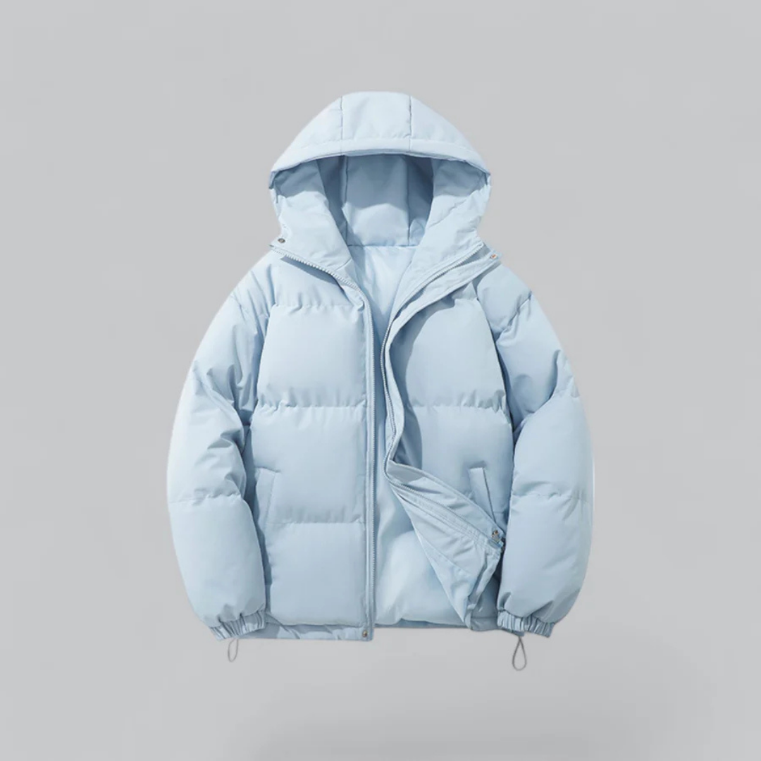 Unisex hooded puffer jacket black padded silhouette urban winter style cold-weather essential