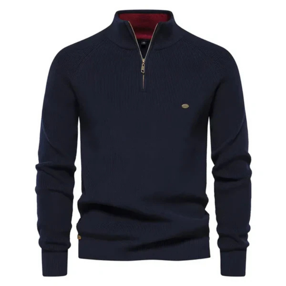 Men's navy blue cotton knit sweater with flattering fit, breathable warmth and timeless casual style