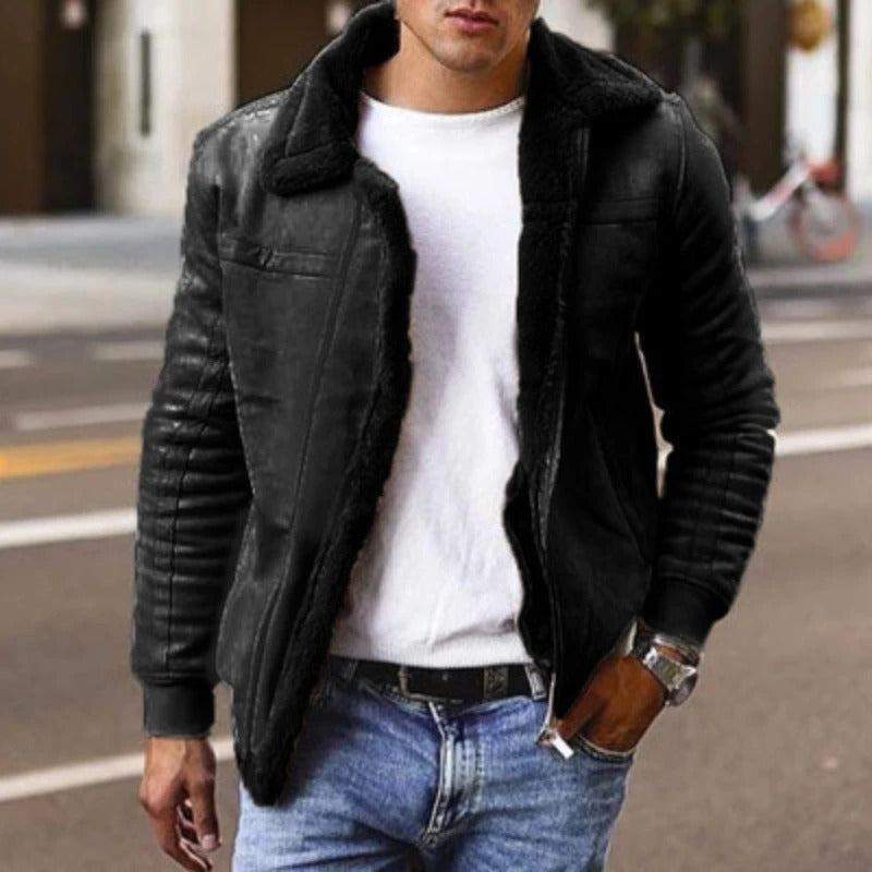 Men's winter aviator jacket with rugged structured silhouette, soft inner lining, built for cold outdoor wear