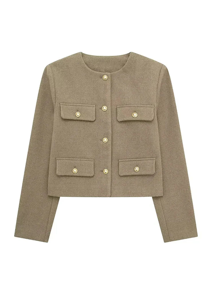 Women's short structured jacket tailored silhouette with gold button details timeless elegant fit