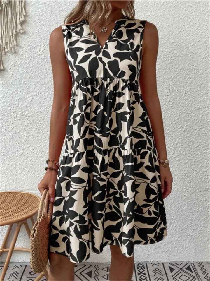 Floral print sleeveless A-line summer dress with V-neck, lightweight breezy fit for women