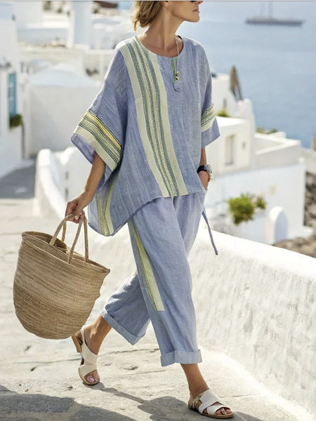 Women's striped relaxed T-shirt and straight pants set with batwing sleeves, chic summer two-piece