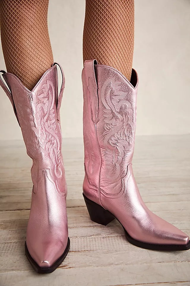 Women's vintage Western boots pointed toe embroidered rivets thick heel rubber sole artificial leather