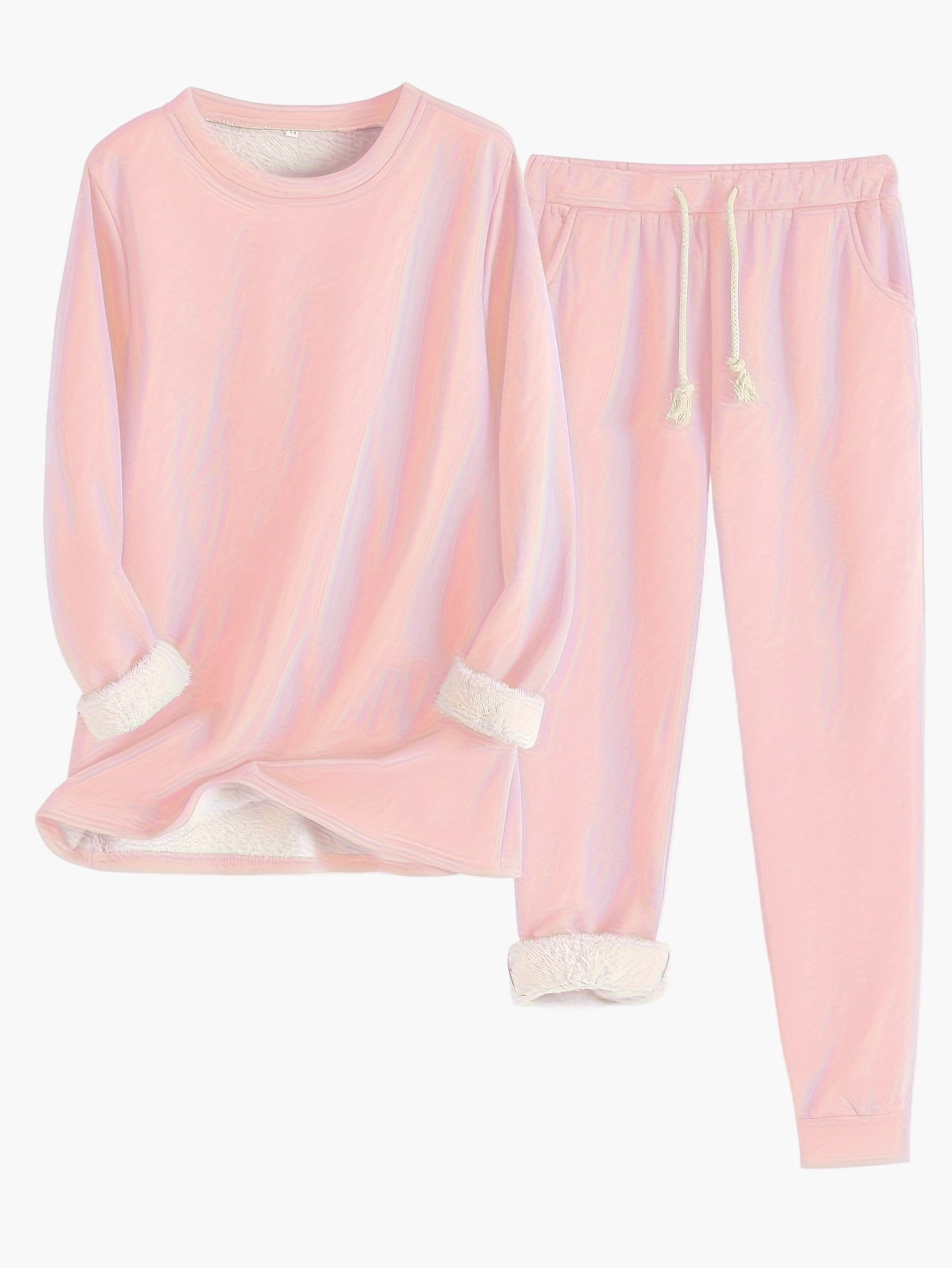 Women's two-piece lounge set soft relaxed fit round neckline elastic waistband drawstring pants homewear