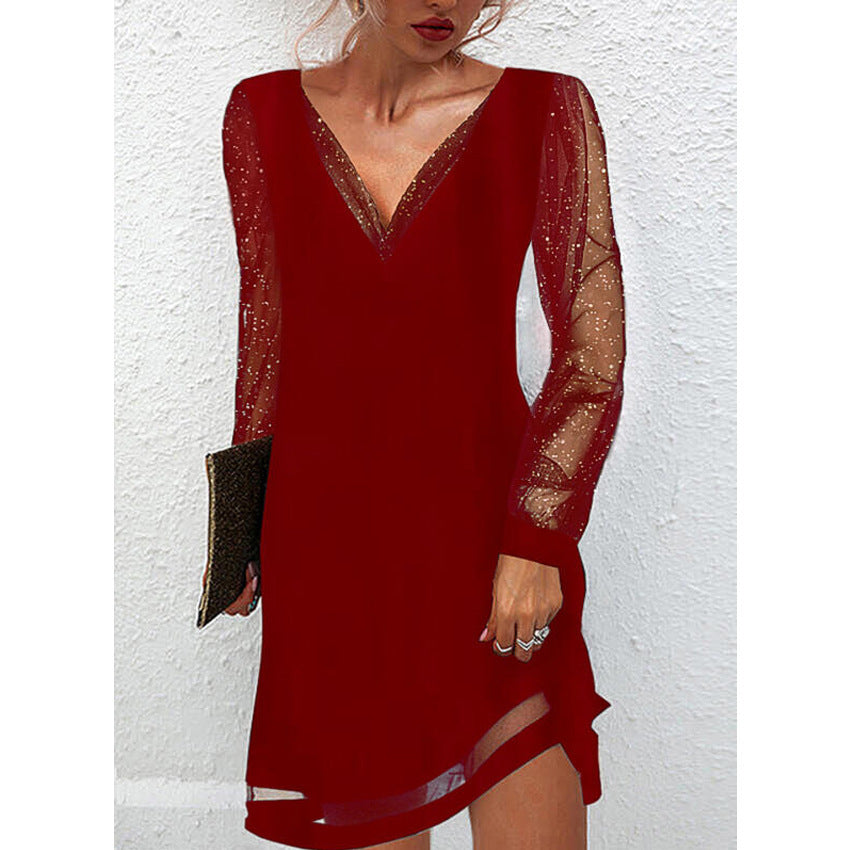 Women's Shannon sweater dress with lace-trim V-neckline, elegant pullover silhouette in vibrant colors