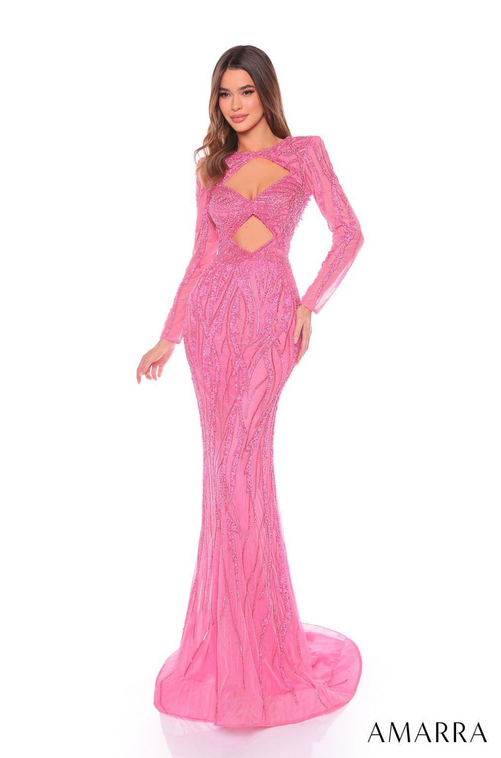 Amarra long sleeve mermaid prom dress with sequin embellishments and daring front cutout