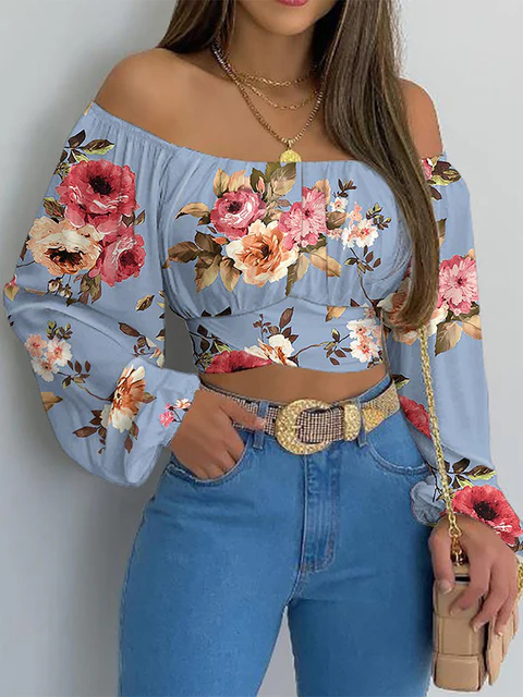 Women's boho crop top off-shoulder long sleeves elastic neckline pleated chest casual style