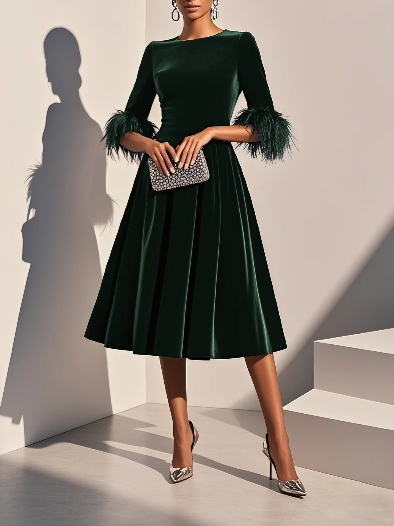 Dark blue velvet midi dress A-line silhouette feather trim accents elegant cocktail evening wear