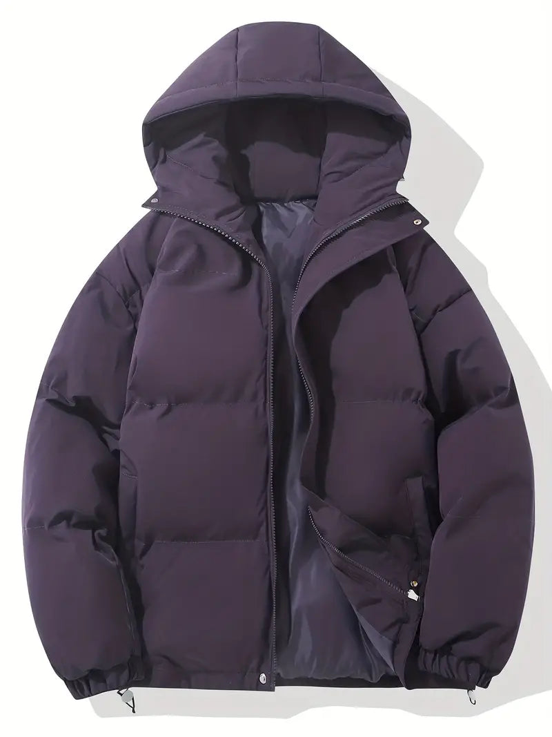 Women's hooded puffer winter jacket voluminous silhouette ultra-warm cozy structured cold-weather coat