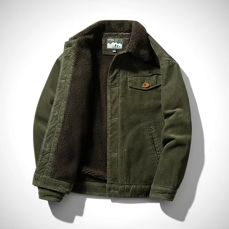 Men's brown corduroy jacket regular fit shearling collar sherpa lining hip length casual winter