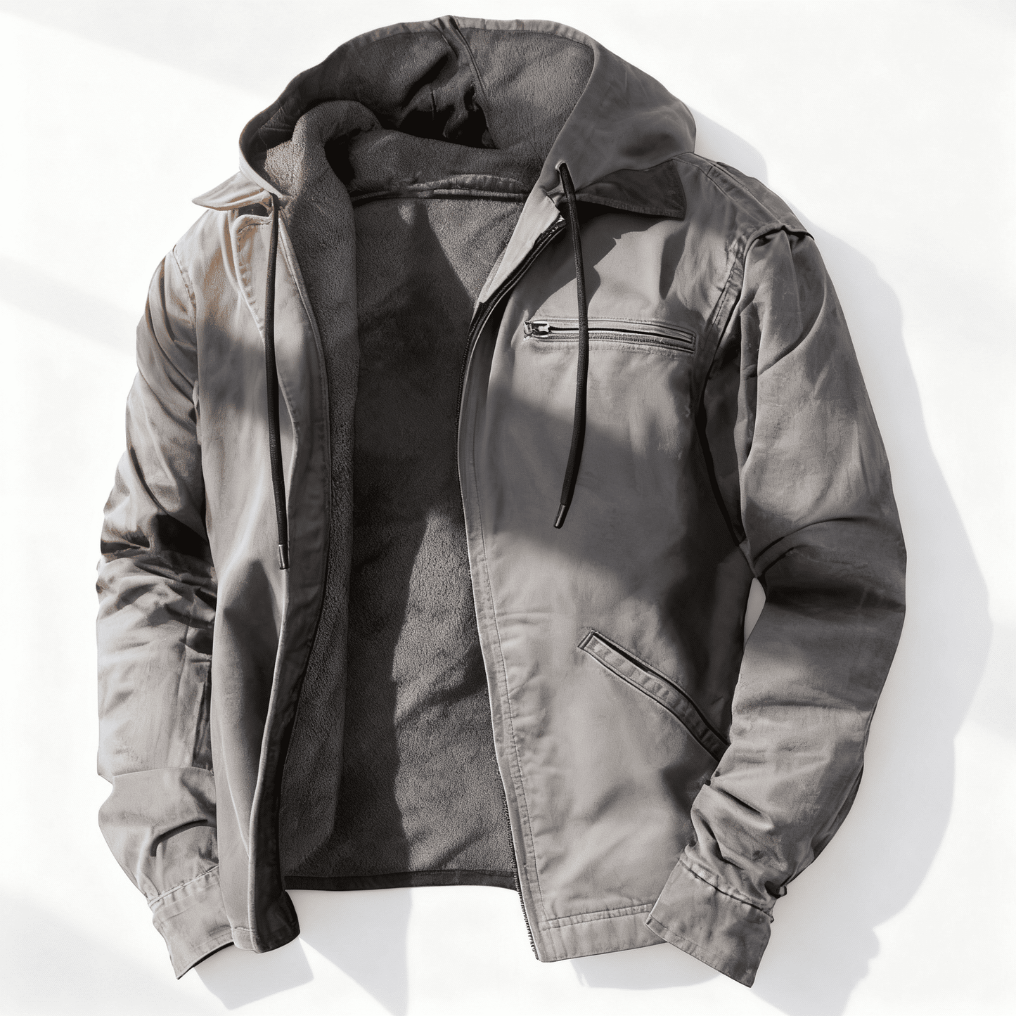Men's olive utility jacket relaxed fit zip front drawstring hood casual outdoor wear