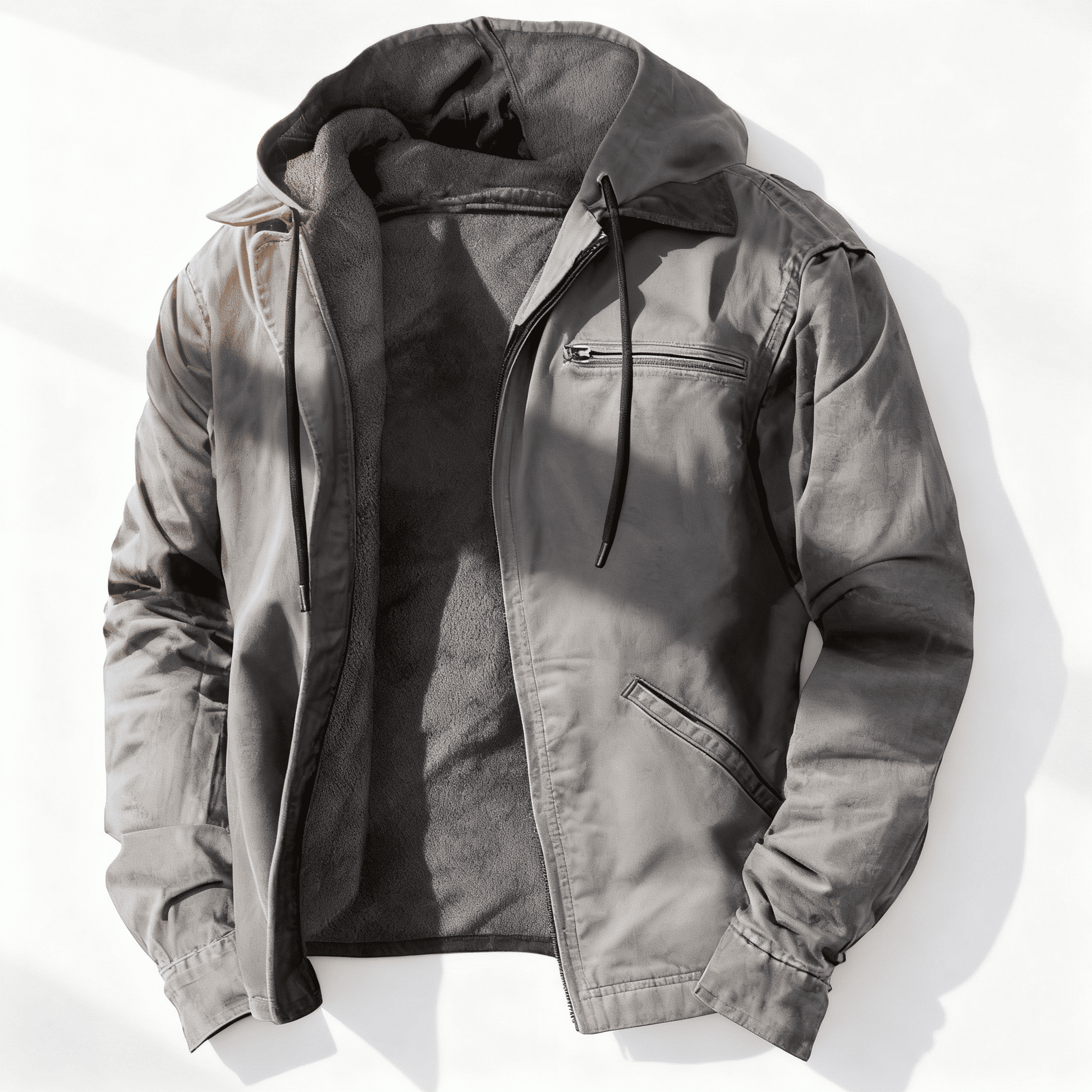 Men's olive utility jacket relaxed fit zip front drawstring hood casual outdoor wear