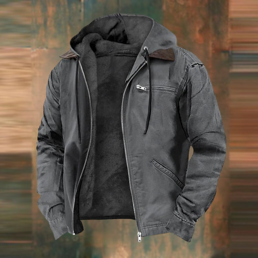 Men's gray fleece jacket with adjustable drawstring hood, zip closure, slim contemporary fit