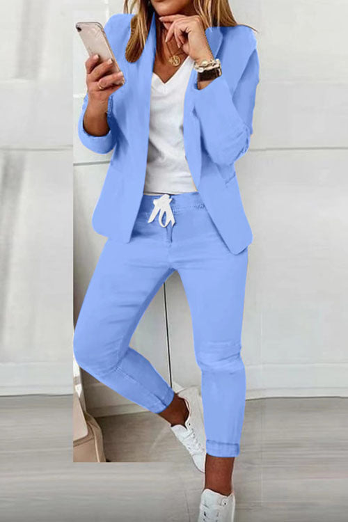 Women's cotton-blend blazer and elastic-waist trousers suit set in casual chic style