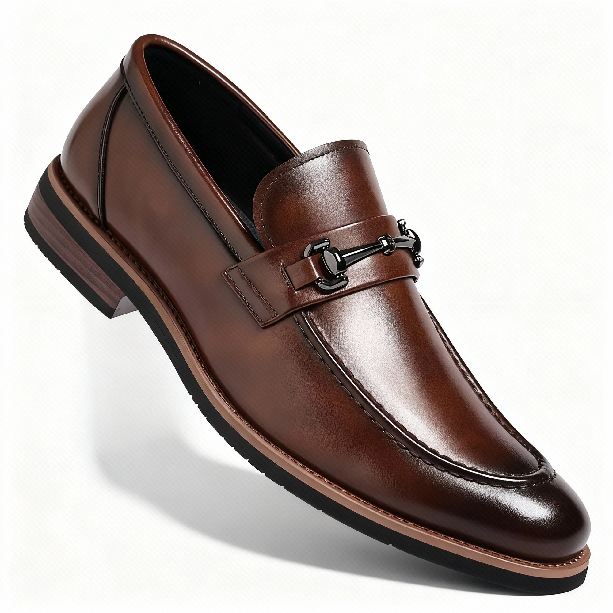 Men's black faux leather slip-on bit loafers with moc toe, polished finish for formal wear