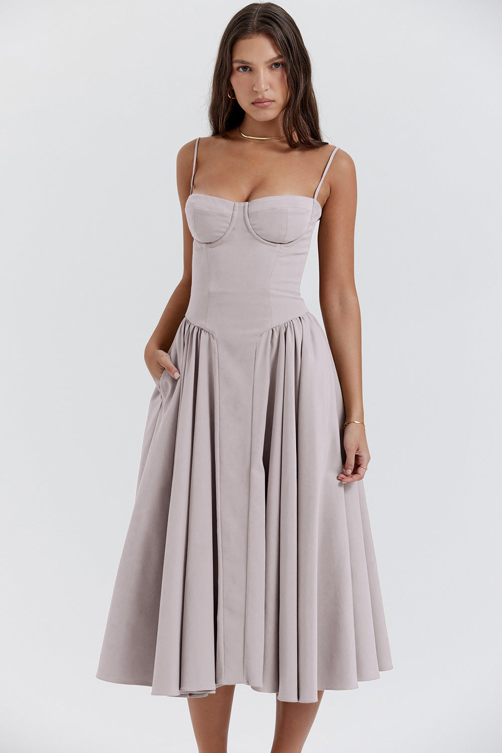 Natalie pleated midi dress slim straps flared skirt hidden pockets elegant spring summer calf length