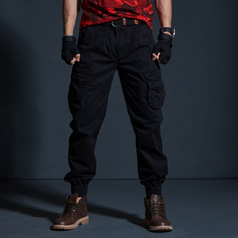 Men's olive tactical cargo pants breathable cotton elastic cuffs multiple pockets relaxed outdoor fit