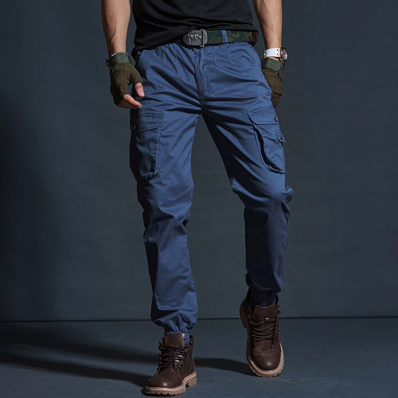 Men's olive tactical cargo pants breathable cotton elastic cuffs multiple pockets relaxed outdoor fit