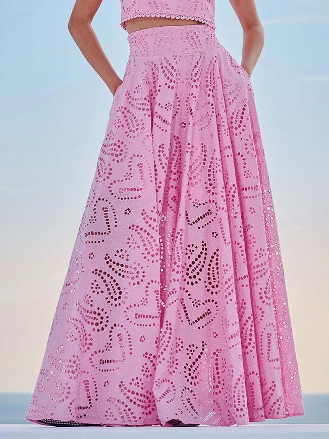 Women's ivory embroidered hollow lace A-line maxi skirt with intricate floral cutwork detailing