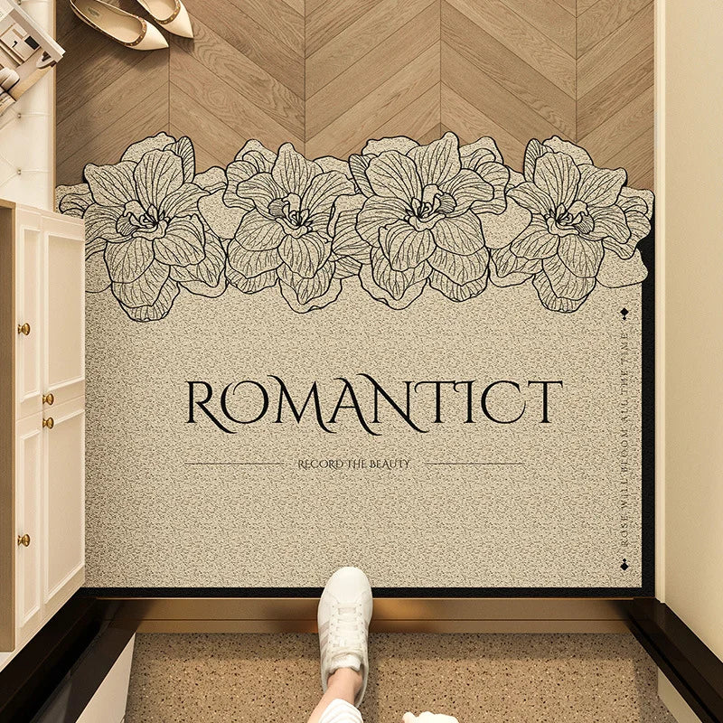 Ivy rectangular floral door mat with inspirational welcome quote and elegant bordered flower print