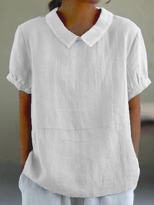 Women's relaxed linen short sleeve blouse, breathable lightweight fabric for effortless warm-weather style