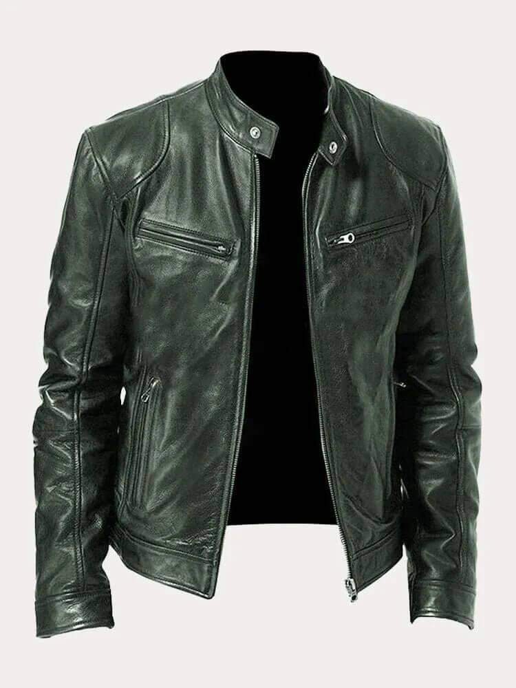 Men's black premium leather jacket rugged biker style with stand collar and front zip closure