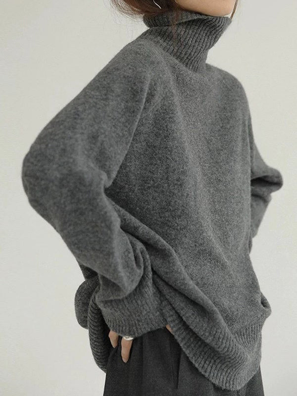 Women's relaxed fit soft knit turtleneck sweater in cozy neutral tones, everyday layering essential