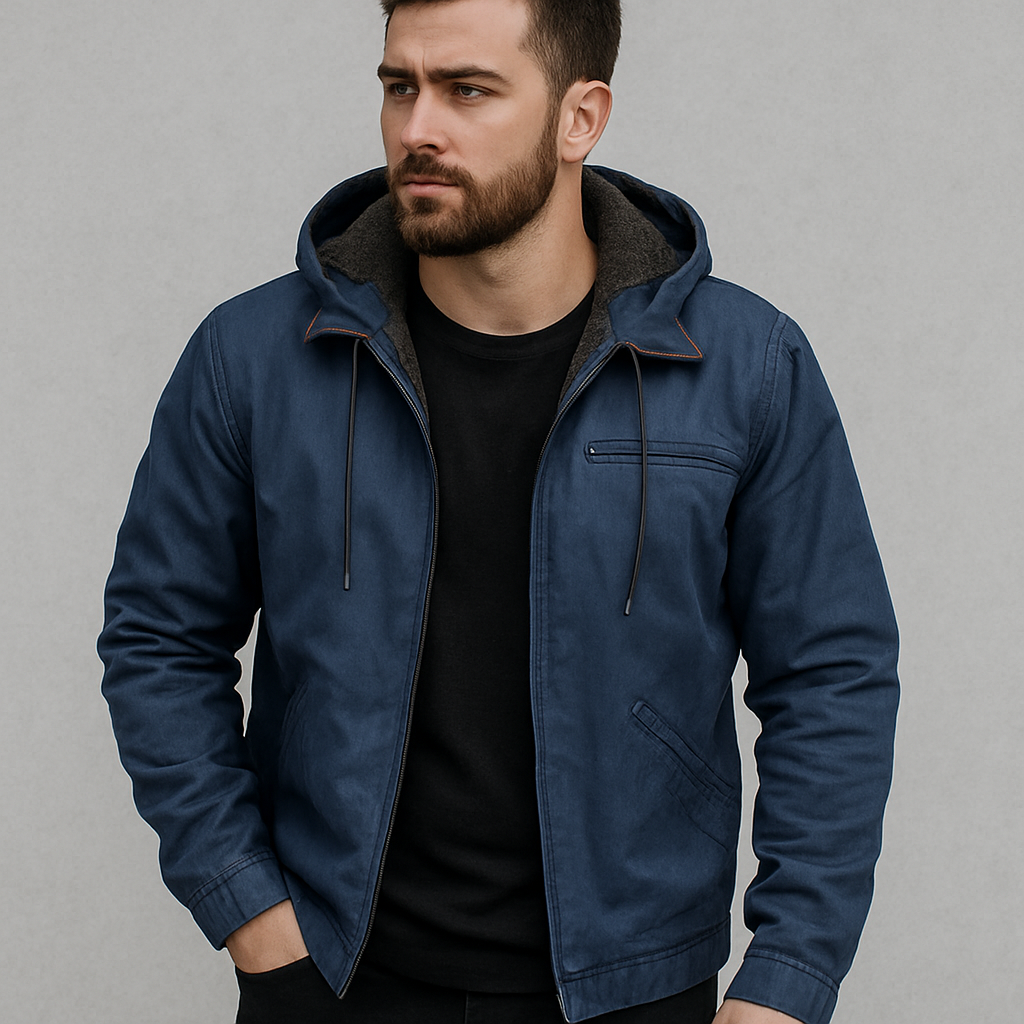 Men's classic hooded winter jacket zip front structured fit urban style cold weather outerwear