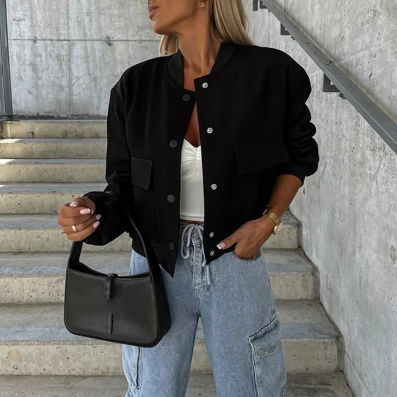 Women's short bomber jacket with snap button closure, flap pockets, casual street style silhouette