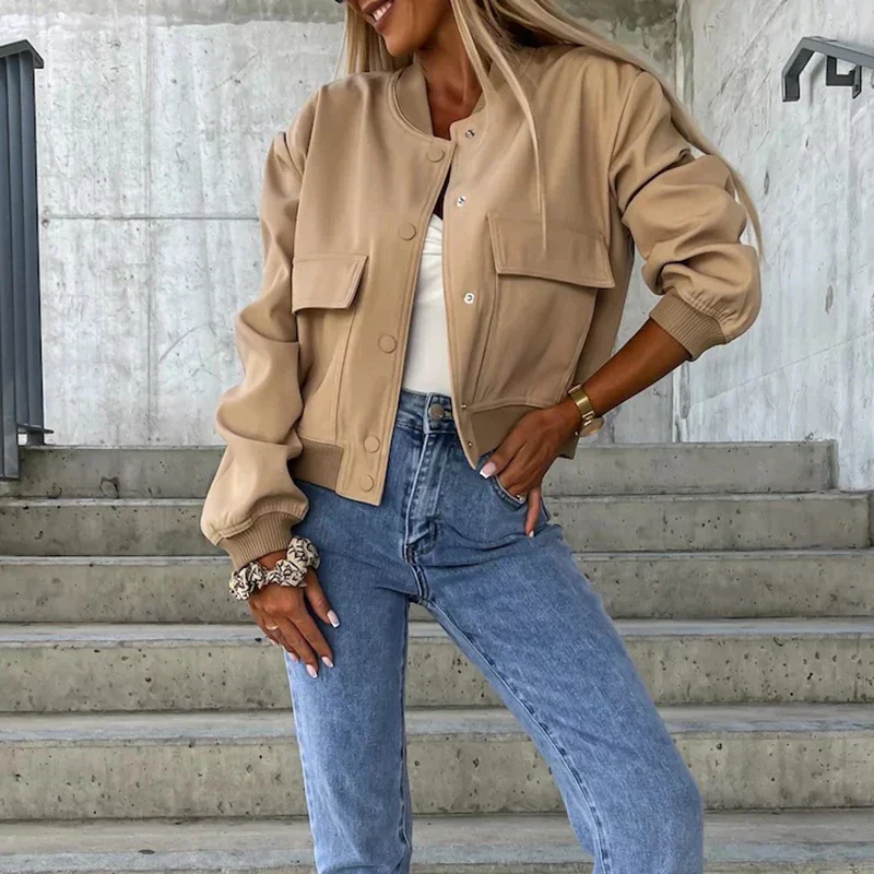 Women's short bomber jacket with snap button closure, flap pockets, casual street style silhouette