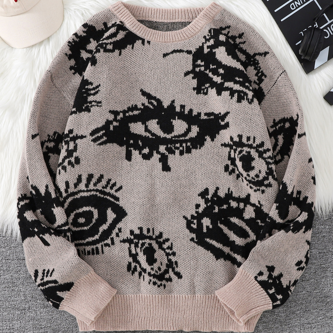 Beige lightweight round-neck jacquard knit sweater with abstract eye pattern for casual everyday wear