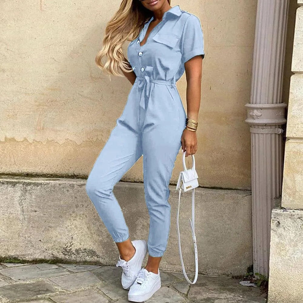 Women's utility jumpsuit with button closure and waist tie, versatile one-piece for casual chic style