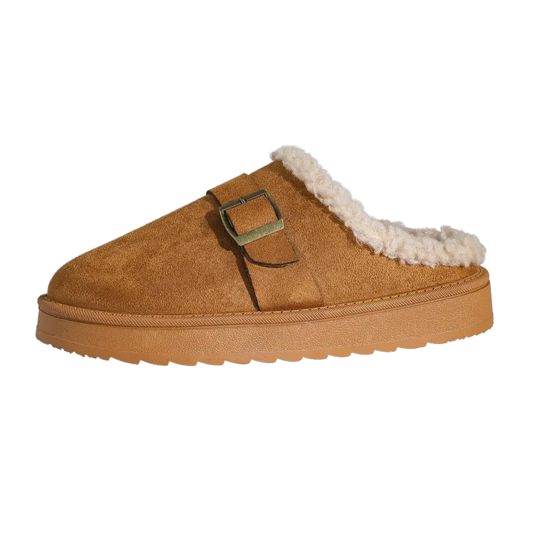 Women's beige fleece platform slipper clogs with plush lining and buckle detail by Urbann-Vibe
