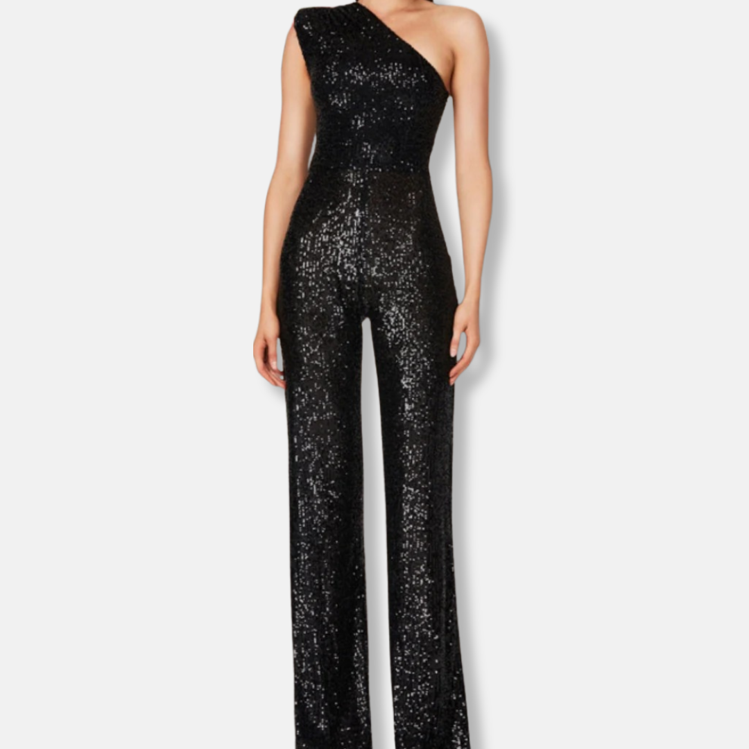 Women's silver sequined one-shoulder wide-leg jumpsuit sleeveless glamorous eveningwear flowing silhouette