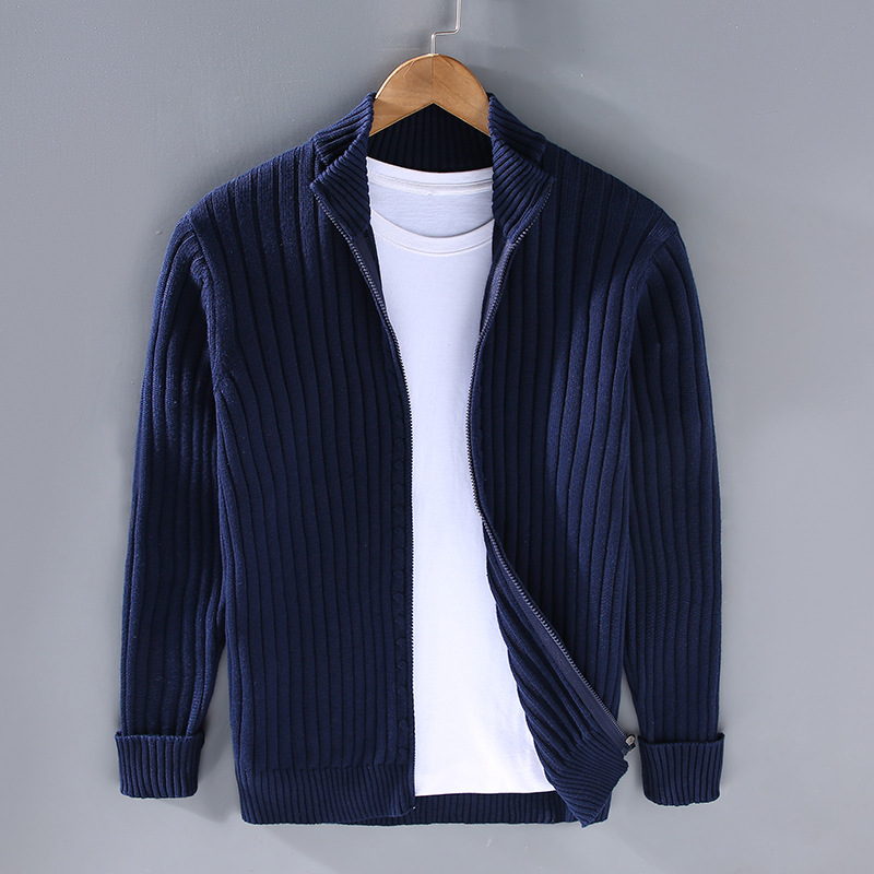 Men's ribbed zip-up cardigan neutral tone modern slim fit full-length zipper closure everyday layering