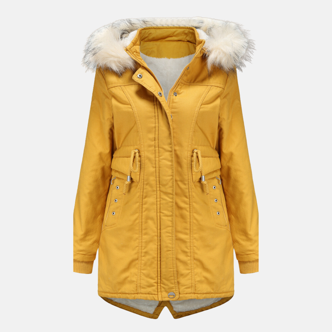 Women's mid-length parka jacket tailored fit weather-resistant with removable faux fur hood