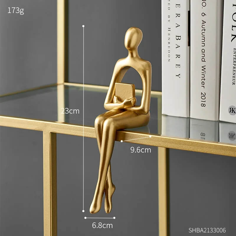 Abstract gold-tone resin statue seated human figurine minimalist modern decor sculpture for desk or shelf