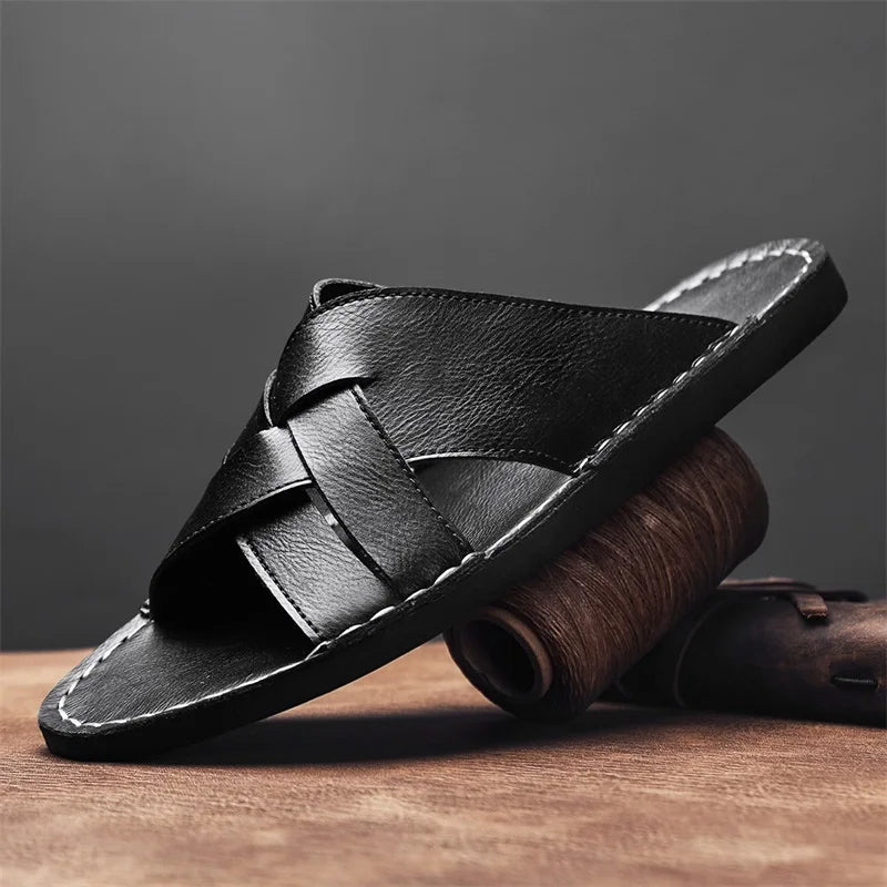Men's full-grain leather slide sandal tan criss-cross straps contoured insole rubber sole