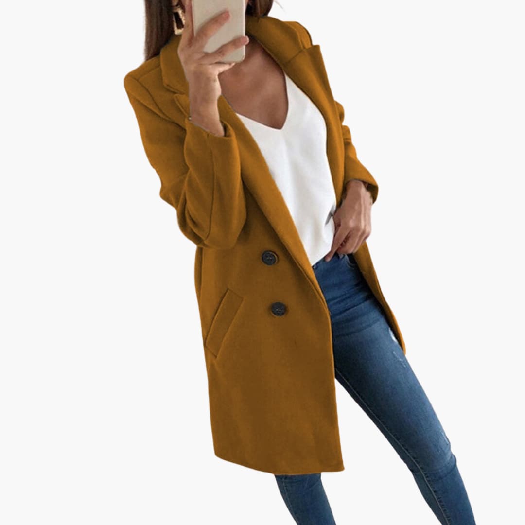 Women's classic long-sleeve coat with fold-over collar, front button closure, and side pockets