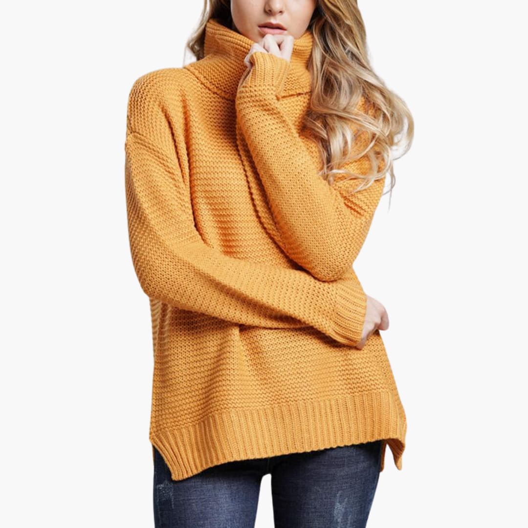 Women's chunky knit turtleneck sweater, relaxed hip-length silhouette with ribbed cuffs for cozy daily wear