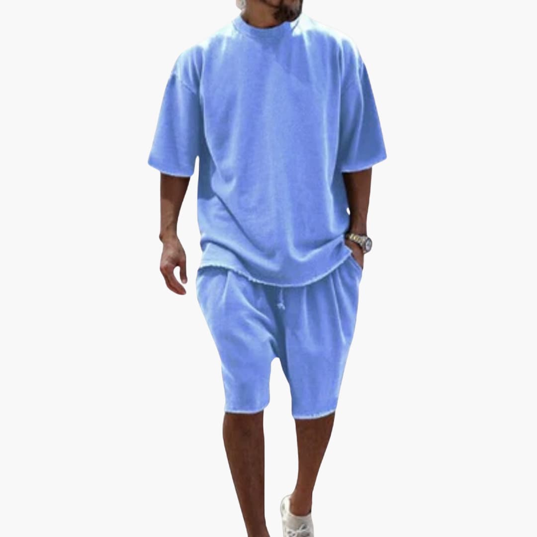 Men's blue oversized short-sleeve shirt and drawstring shorts two-piece breathable summer set
