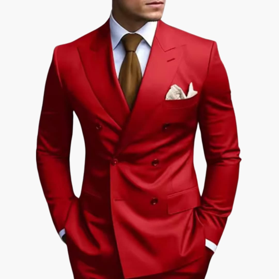 Men's navy double-breasted slim fit suit, peak lapel, six-button structured jacket for formal events