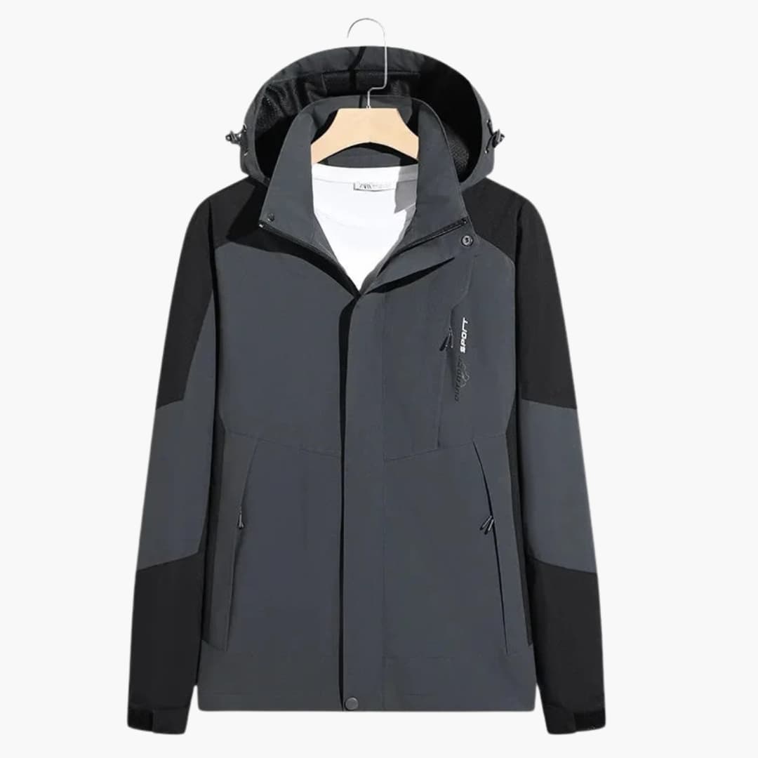 Unisex ski jacket with adjustable hood, high collar, full-zip closure, and zippered side pockets
